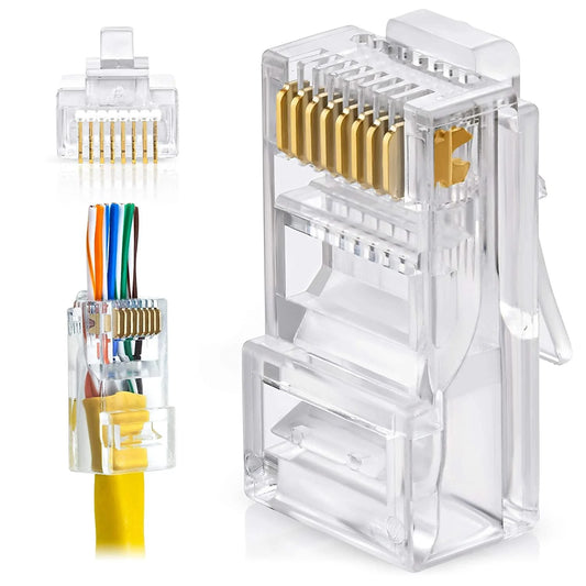 RJ45 Cat7 / Cat6A Pass-Through Connector with PC Copper Gold Plating 50UM for 23 AWG Ethernet Cable