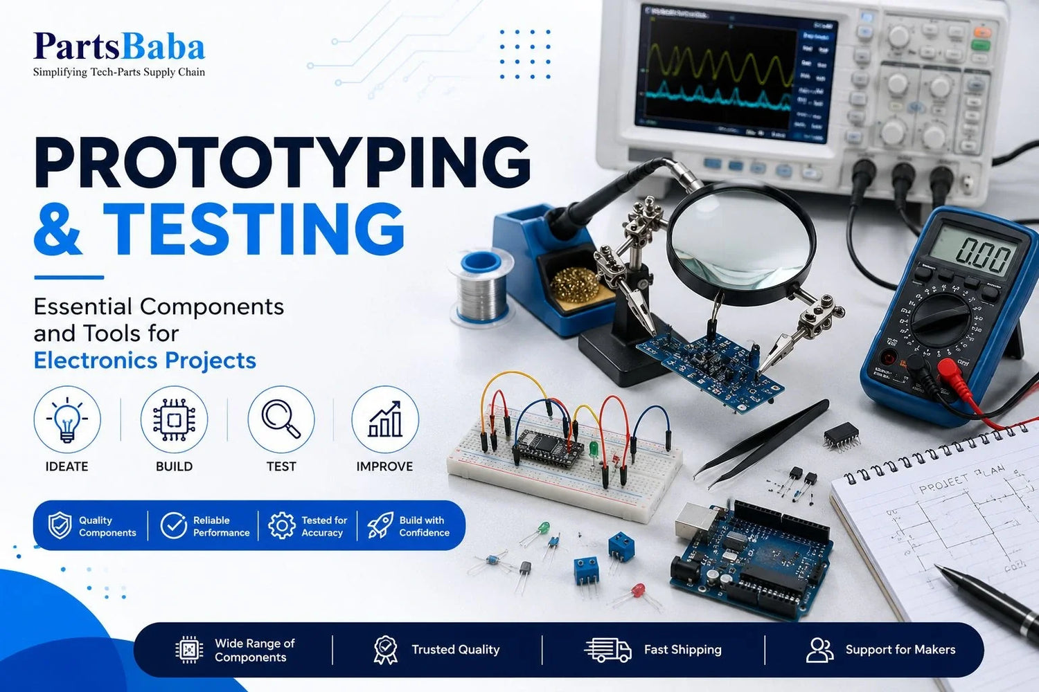 Electronics prototyping and testing workbench featuring an oscilloscope, multimeter, soldering station, breadboard, development boards, electronic components, and testing tools.