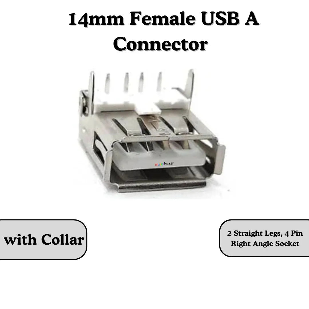 14mm Female USB A Connector 2 Straight Legs, 4 pin Right Angle (Iron body)