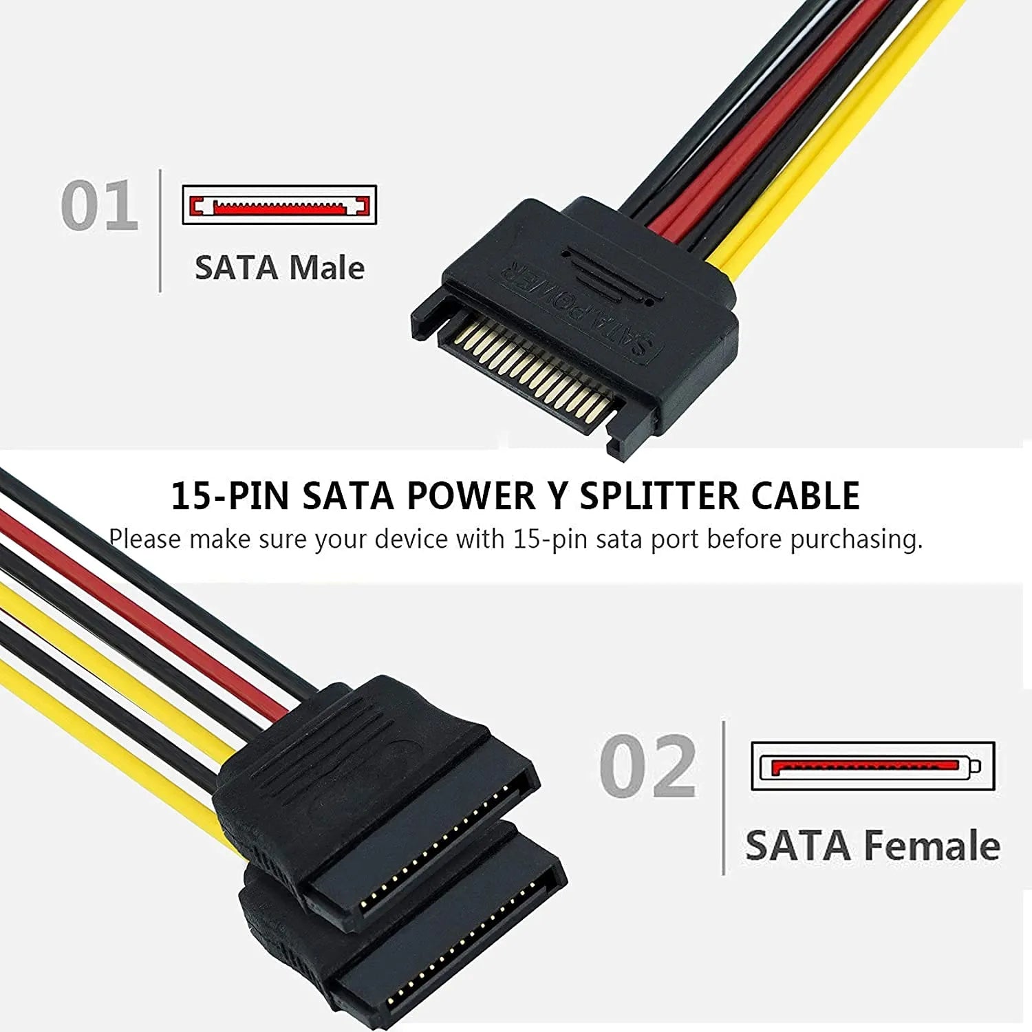 15 Pin SATA Power Y-Splitter Cable sata Male to Dual Female Cable for Hard Disk Drive Adapter Cable