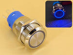 Metal Switch 16mm - Push to ON Momentary - IP65 - Indicator 3-6V DC Blue Ring