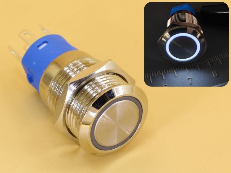 Metal Switch 16mm - Push to ON Momentary - IP65 - Indicator 12-24V DC White Ring