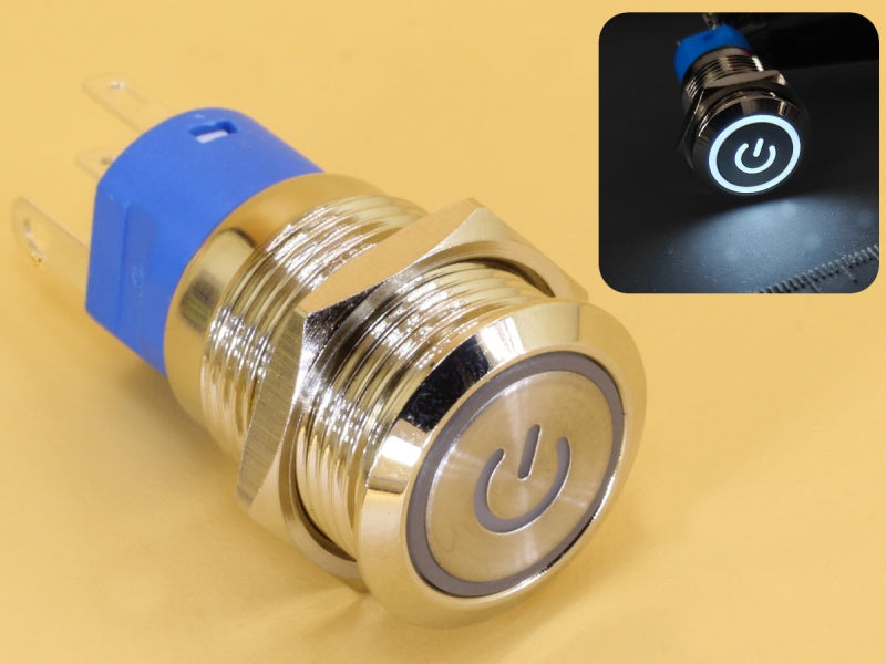 Metal Switch 16mm - Push to ON Momentary - IP65 - Indicator 12-24V DC White Ring+Power
