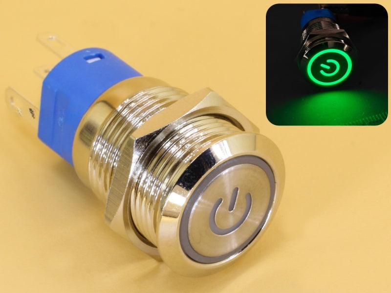Metal Switch 16mm - Push to ON Momentary - IP65 - Indicator 12-24V DC Green Ring+Power