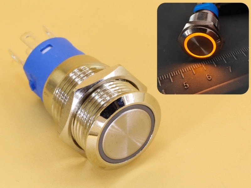 Metal Switch 16mm - Push to ON Momentary - IP65 - Indicator 220V AC Yellow Ring