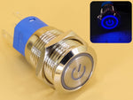 Metal Switch 16mm - Push to ON Momentary - IP65 - Indicator 220V AC Blue Ring+Power