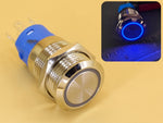 Metal Switch 16mm - Push to ON Momentary - IP65 - Indicator 220V AC Blue Ring