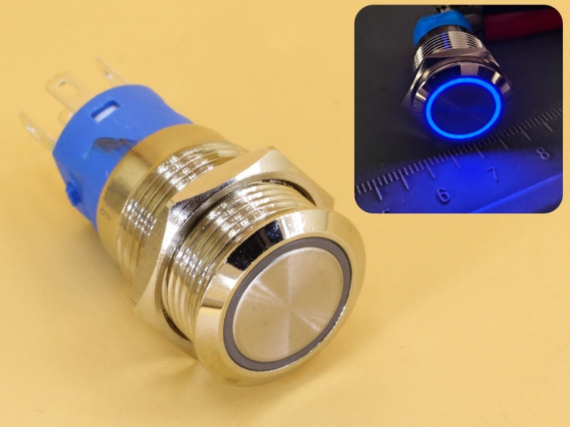Metal Switch 16mm - Push to ON Momentary - IP65 - Indicator 220V AC Blue Ring