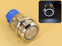 Metal Switch 16mm - Push to ON/OFF Latch - IP65 - Indicator 12-24V DC White Ring