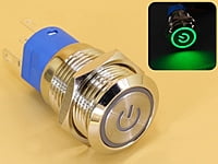 Metal Switch 16mm - Push to ON/OFF Latch - IP65 - Indicator 3-6V DC Green Ring+Power