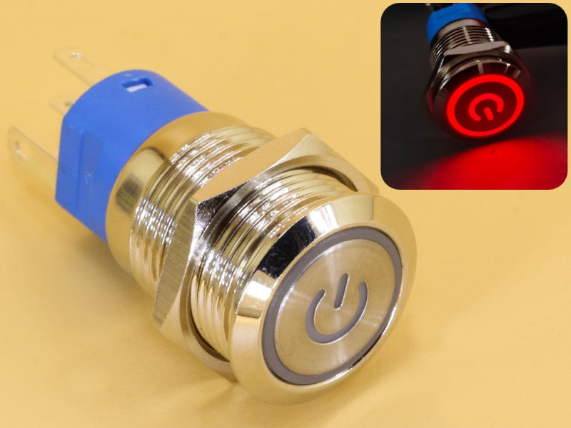Metal Switch 16mm - Push to ON Momentary - IP65 - Indicator 12-24V DC Red Ring+Power