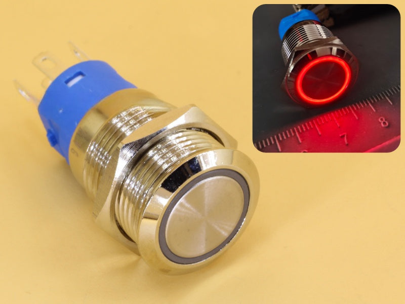 Metal Switch 16mm - Push to ON Momentary - IP65 - Indicator 12-24V DC Red Ring