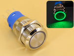 Metal Switch 16mm - Push to ON Momentary - IP65 - Indicator 3-6V DC Green Ring
