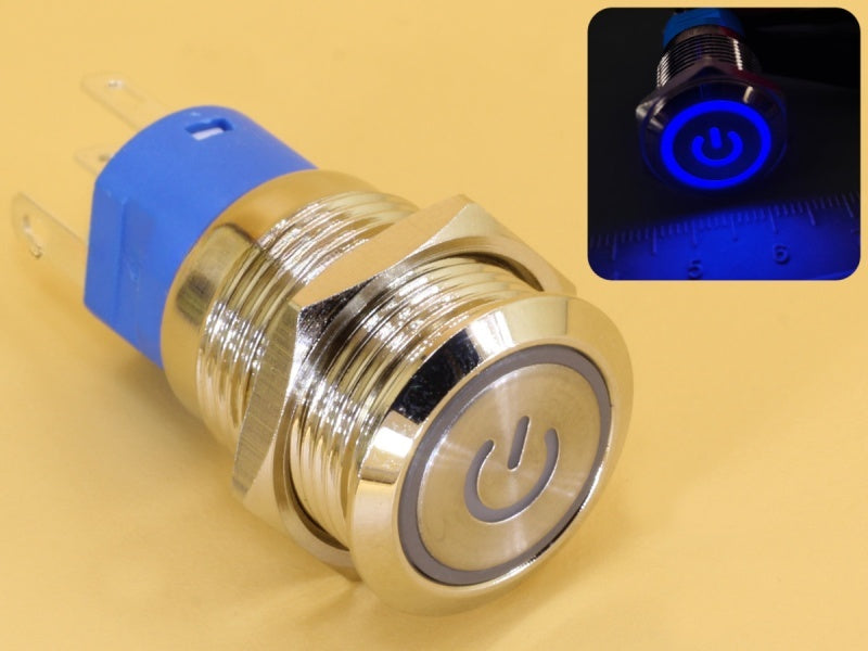 Metal Switch 16mm - Push to ON Momentary - IP65 - Indicator 12-24V DC Blue Ring+Power