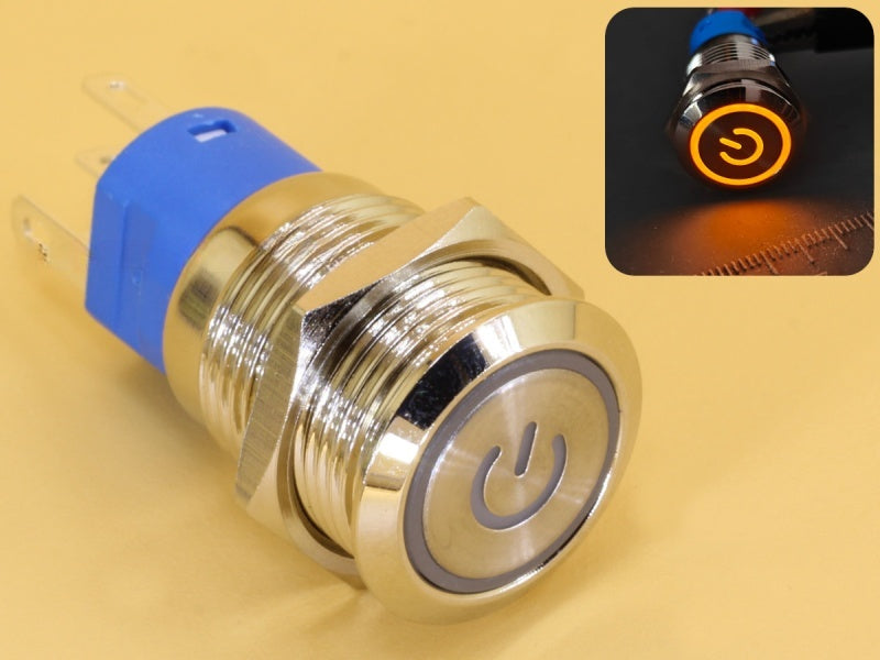 Metal Switch 16mm - Push to ON Momentary - IP65 - Indicator 12-24V DC Yellow Ring+Power