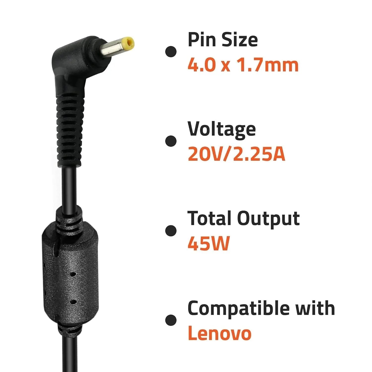 45W Compatible Laptop Adapter with (20V, 2.25A) 4.0mm x 1.7mm Pin for Lenovo ASUS Acer HP Laptops (Power Cord Included)