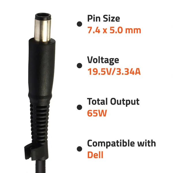 65W Laptop Adapter Compatible for Dell (19.5V 3.34A) 7.4mm x 5mm (Power Cord Included)