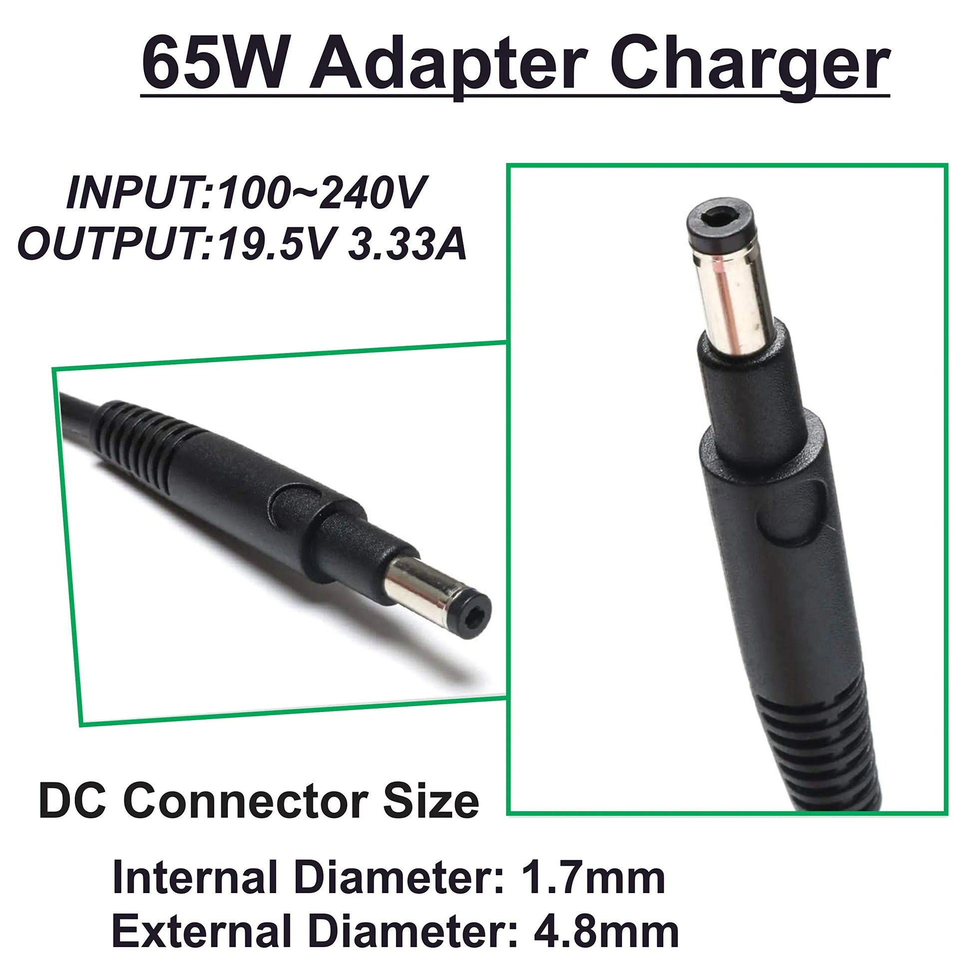 65W Laptop Adapter Compatible for HP (19.5V 3.33A) 4.8mm x 1.7mm (Power Cord Included)