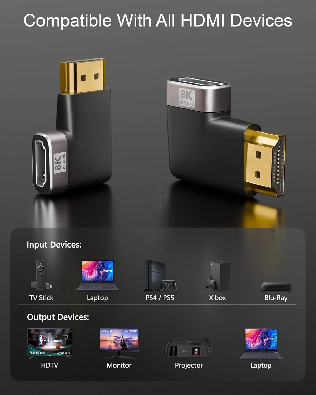 8K HDMI Male Female 90 Degree right angel Connector Supports 8K @60Hz, @120Hz, Dynamic HDR , 3D & eARV