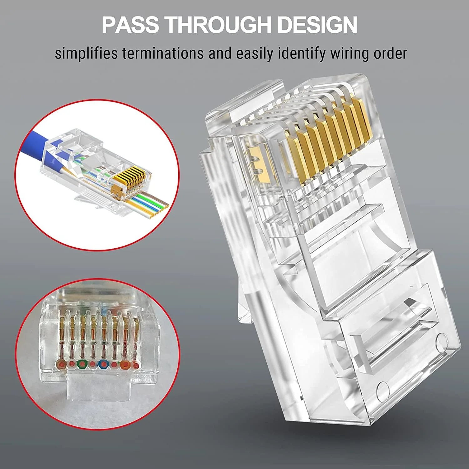 RJ45 Cat7 / Cat6A Pass-Through Connector with PC Copper Gold Plating 50UM for 23 AWG Ethernet Cable