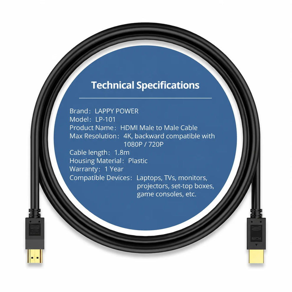 LappyPower Premium 4K Male HDMI to HDMI Cable (1.8m)