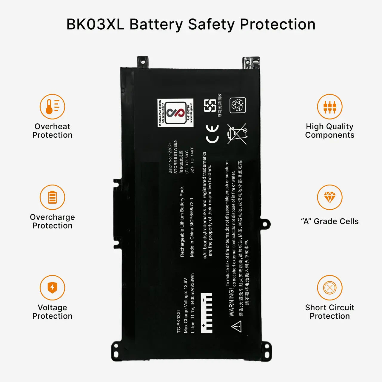 Compatible Laptop Battery for HP BK03XL - HSTNN-LB7S, Pavilion X360 14-BA000NB Laptops (3400mAh, 3-Cell)