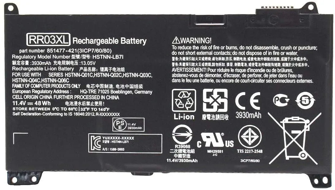 Compatible Laptop Battery for HP RR03XL - HSTNN-UB7C, 851477-421 Laptops (3400mAh, 3-Cell)