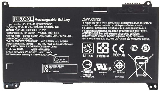 Compatible Laptop Battery for HP RR03XL - HSTNN-UB7C, 851477-421 Laptops (3400mAh, 3-Cell)