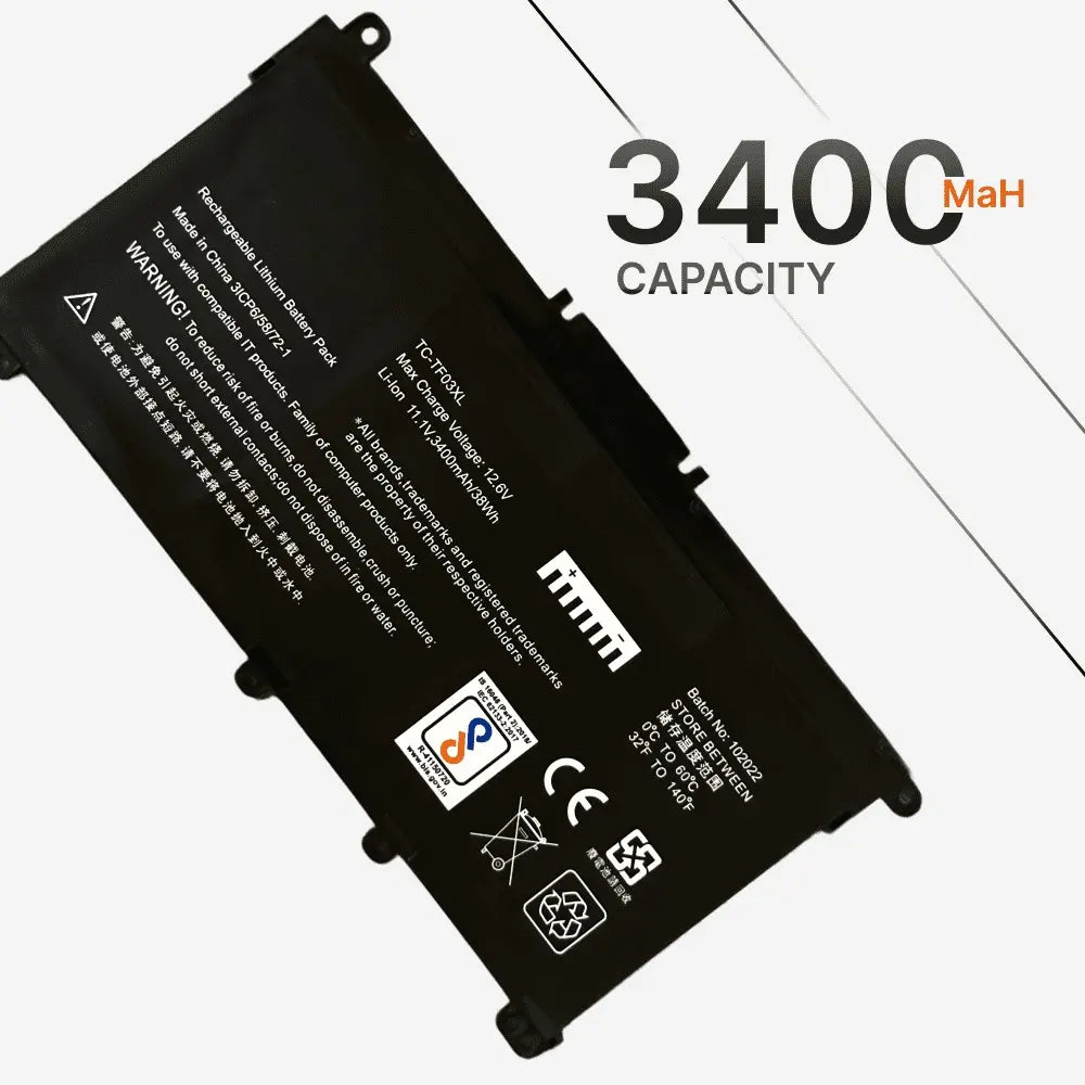 Compatible Laptop Battery for HP TF03XL - Pavilion 14-BF, 14-BK, Pavilion X360, 14-CD, 15-DA, 15-CC Laptops (3400mAh, 3-Cell)
