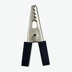 Metal clip with black plastic handles on a white background
