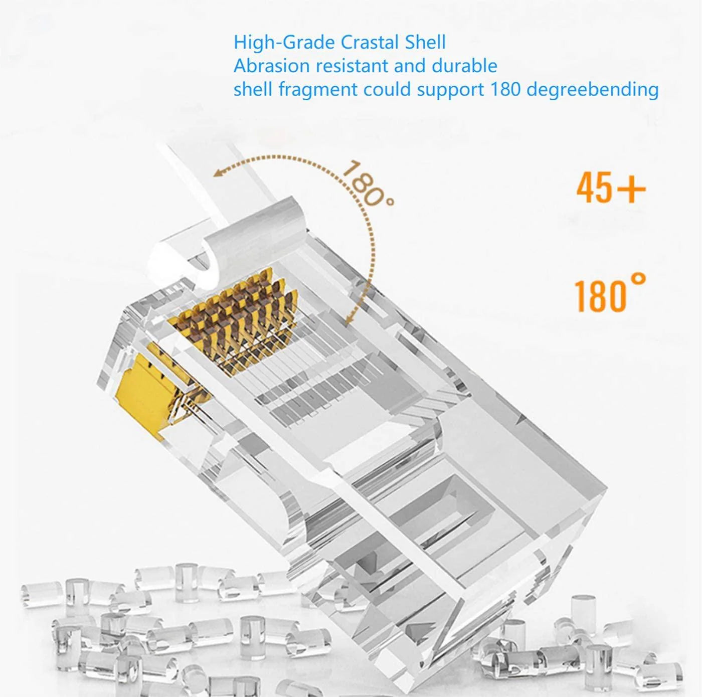 RJ45 Cat7 / Cat6A Pass-Through Connector with PC Copper Gold Plating 50UM for 23 AWG Ethernet Cable