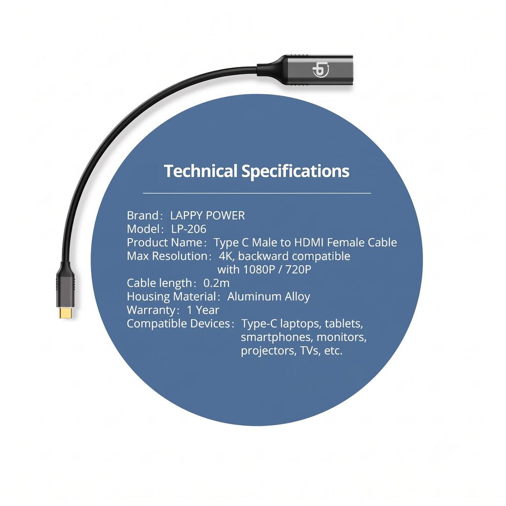 LappyPower Premium 4K USB-C Male to HDMI Female Adapter Cable (0.2m)