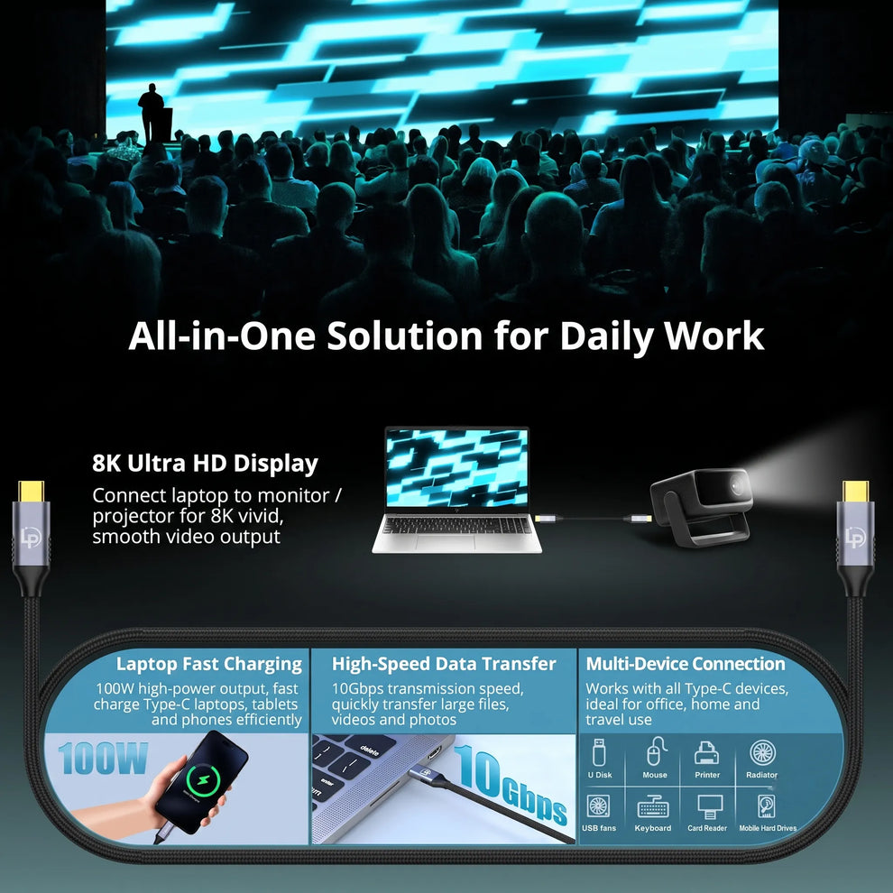 LappyPower Premium 8K USB-C to USB-C Cable (1.8m, 100W Charging, 10Gbps)