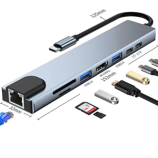 PRIME DOCK 8 in 1 Type-c To Multiport Adapter with 4k HDMI RJ45 LAN and Advanced USB 3.0 & Type-c cum PD, TF & Micro SD Card Reader