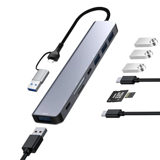 PRIME DOCK 8 in 1 Type-c To Multiport Adapter with 4k HDMI RJ45 LAN and Advanced USB 3.0 & Type-c cum PD, TF & Micro SD Card Reader