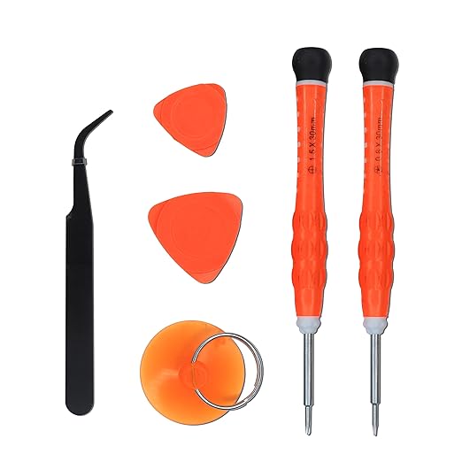 Set of repair tools including tweezers, screwdrivers, and plastic levers on a white background