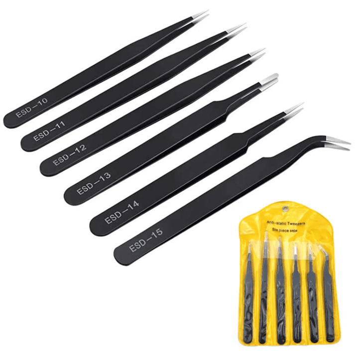 TE-A042 Straight and Curved Tips Tweezers Set of 6 Pcs