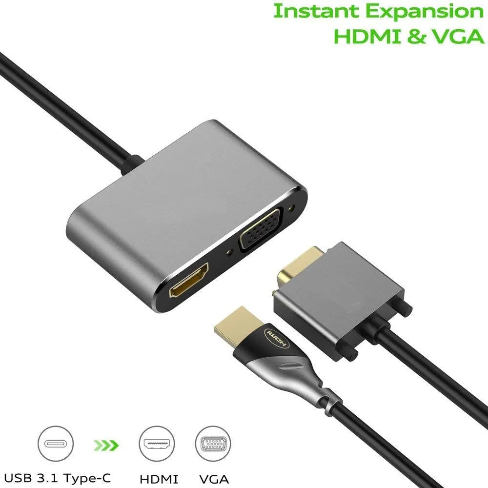 Type C to 2 in One Adapter with 4k HDMI @30Hz & Vga 1080p to Mirror or Extend Display