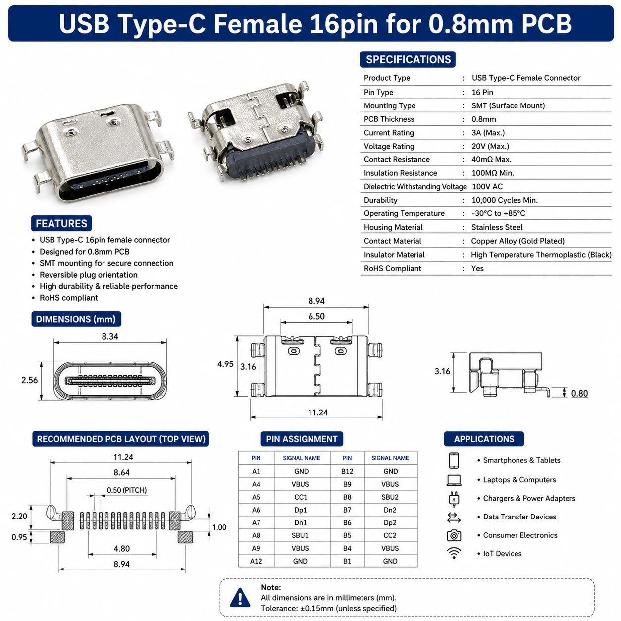 USB Type-C Female 16pin for 0.8mm PCB