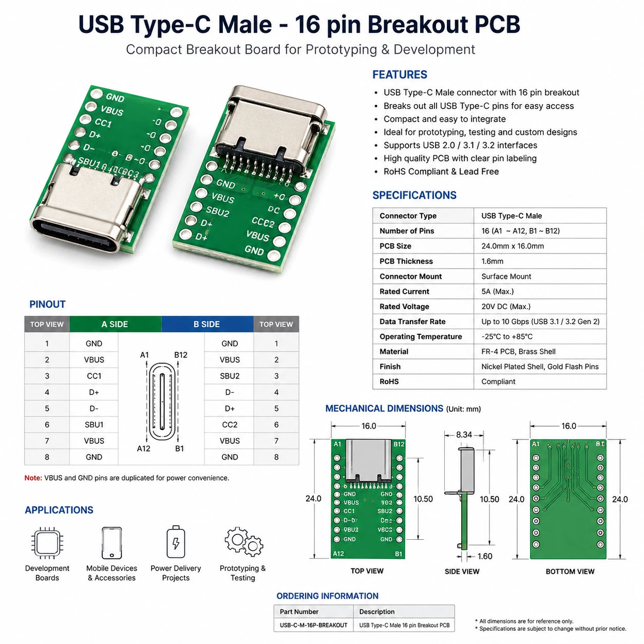 USB Type-C Male - 16 pin Breakout PCB