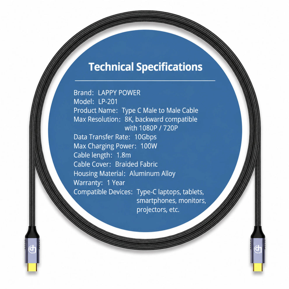 LappyPower Premium 8K USB-C to USB-C Cable (1.8m, 100W Charging, 10Gbps)