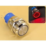 Metal Switch 16mm - Push to ON/OFF Latch - IP65 - Indicator 12-24V DC Red Ring