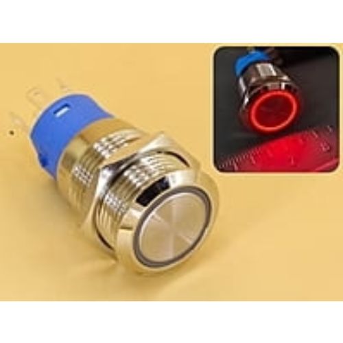 Metal Switch 16mm - Push to ON/OFF Latch - IP65 - Indicator 12-24V DC Red Ring