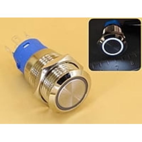 Metal Switch 16mm - Push to ON/OFF Latch - IP65 - Indicator 12-24V DC White Ring