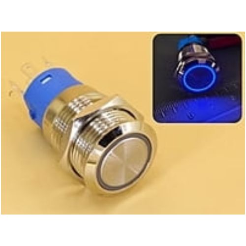 Metal Switch 16mm - Push to ON/OFF Latch - IP65 - Indicator 12-24V DC Blue Ring