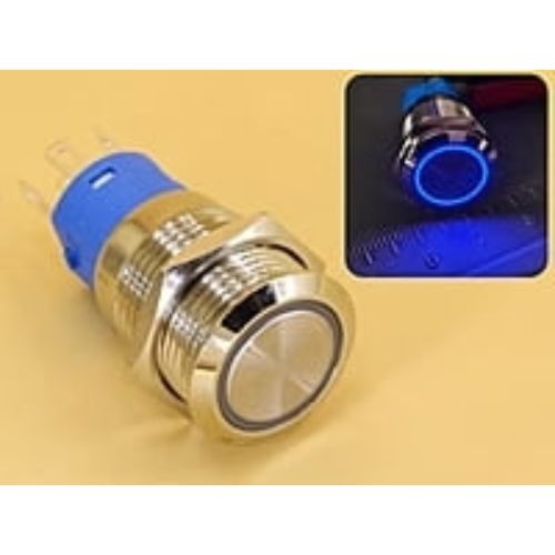 Metal Switch 16mm - Push to ON/OFF Latch - IP65 - Indicator 3-6V DC Blue Ring