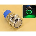 Metal Switch 16mm - Push to ON/OFF Latch - IP65 - Indicator 3-6V DC Green Ring