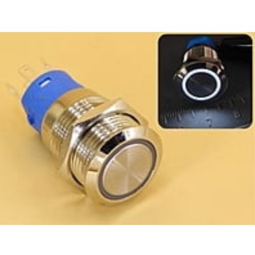 Metal Switch 16mm - Push to ON/OFF Latch - IP65 - Indicator 3-6V DC White Ring