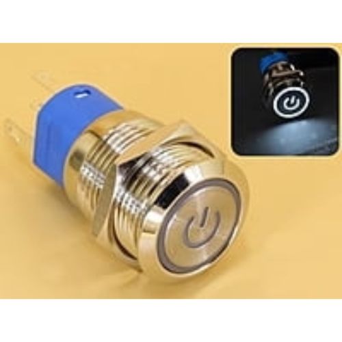 Metal Switch 16mm - Push to ON/OFF Latch - IP65 - Indicator 12-24V DC White Ring+Power