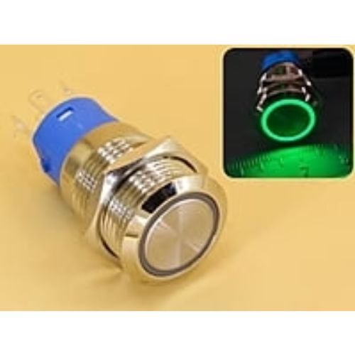 Metal Switch 16mm - Push to ON/OFF Latch - IP65 - Indicator 220V AC Green Ring